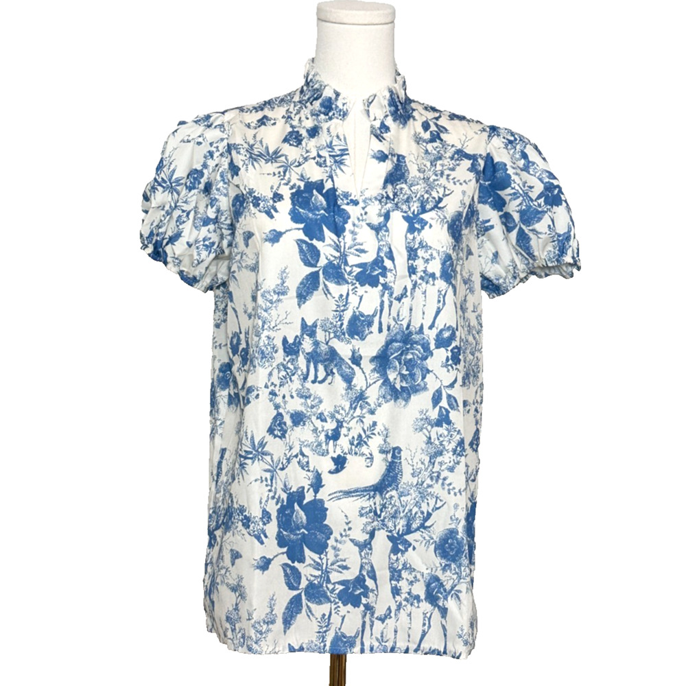 Blue White Cotton Blend Ruffled V Neck Short Sleeve Woodland Creature Top Medium